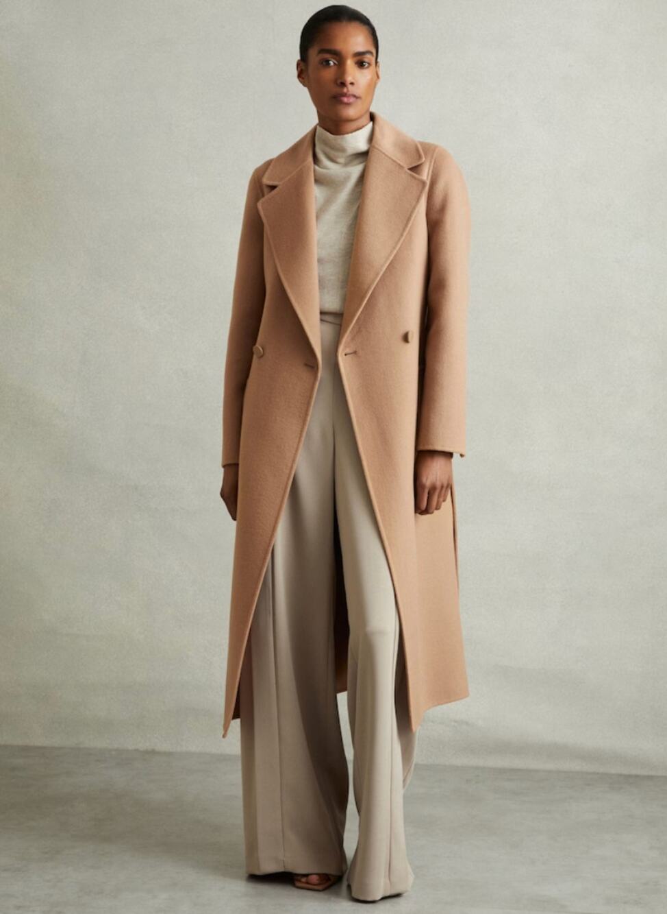 Reiss Lucia Camel Wool Blend Double Breasted Maxi Coat Tailored Size 14